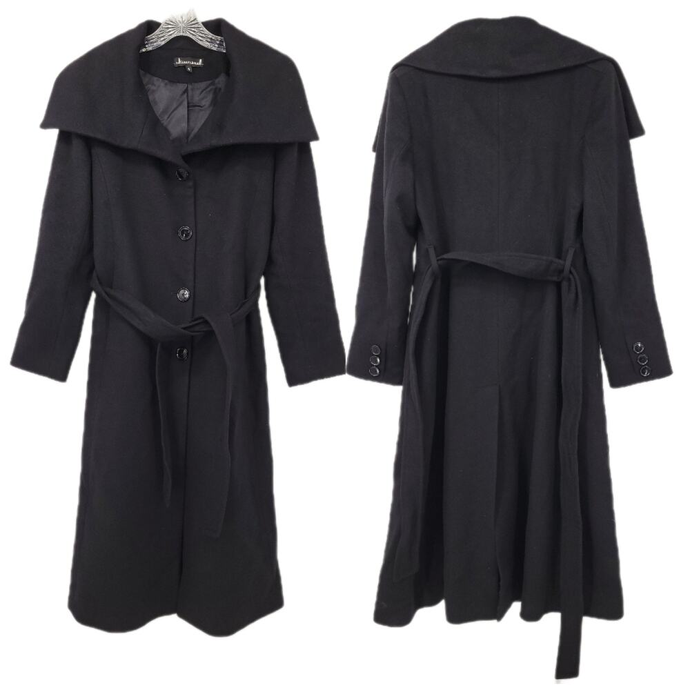 Sofia Cashmere black wool and cashmere pea coat with belt Size 6
